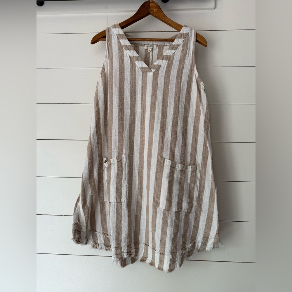 UMGEE Brown & White Linen Stripe Babydoll Tunic Top Spring Summer Size Small
